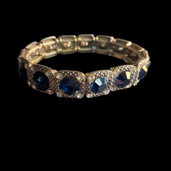 Deep Blue Rhinestone Stretch Bracelet Silver-Tone Vintage Style Statement - Picture 6 of 7